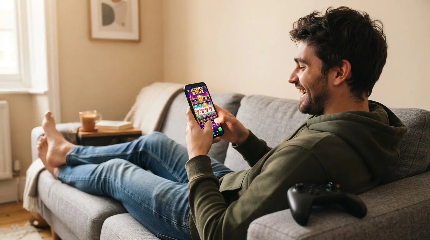 Mladý muž na pohovce drží herní ovladač k chytrému telefonu a usmívá se při hraní hry.